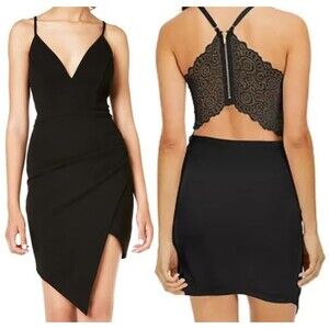Honey & Rosie Black Dress SMALL BodyCon Mini Lace‎ Sleeveless Asymmetrical Short
